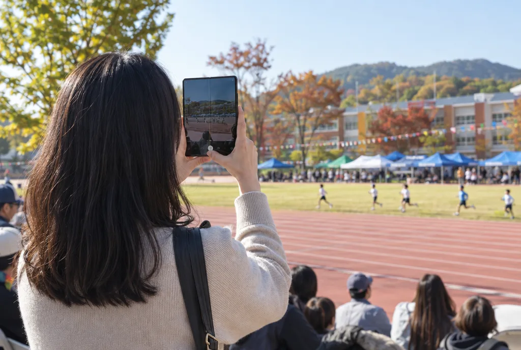 가을 초등학교 운동회 관중석에서 멀리 달리는 아이들을 스마트폰으로 찍는 사람의 뒷모습을 담은 AI 예시 이미지