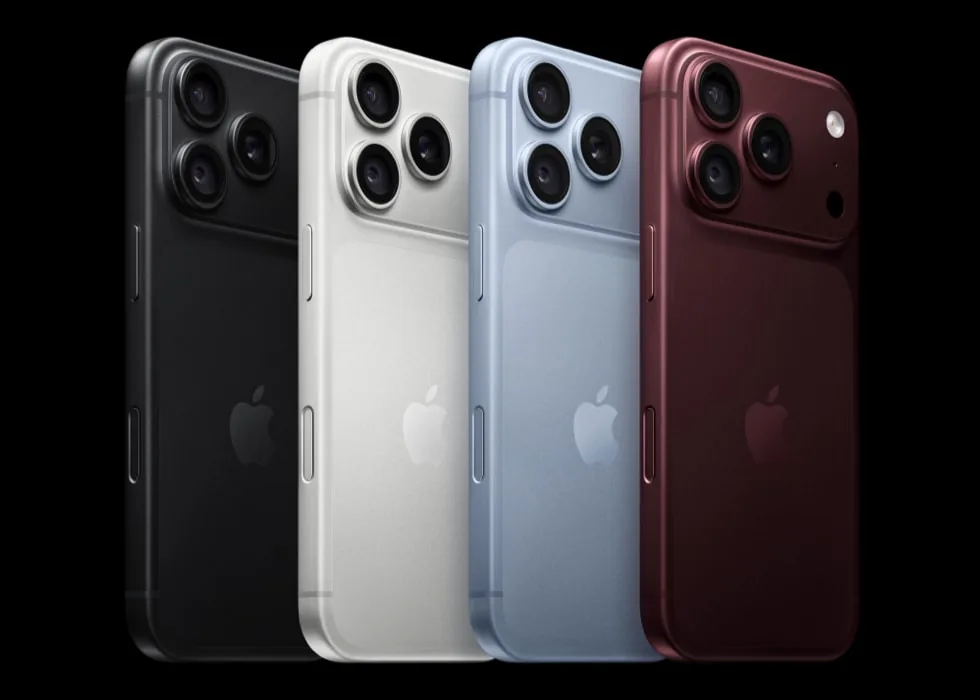 블랙, 실버, 글레이셔, 버건디 색상의 iPhone 18 Pro 뒷면 네 대