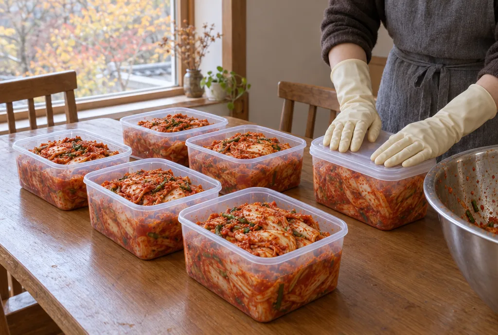 창가 나무 식탁 위에 배추김치를 담은 라벨 없는 반투명 밀폐 용기 여섯 개가 놓여 있고, 고무장갑 낀 두 손이 그중 하나의 뚜껑을 누르며 옆에 스테인리스 볼이 있는 모습의 AI 예시 이미지