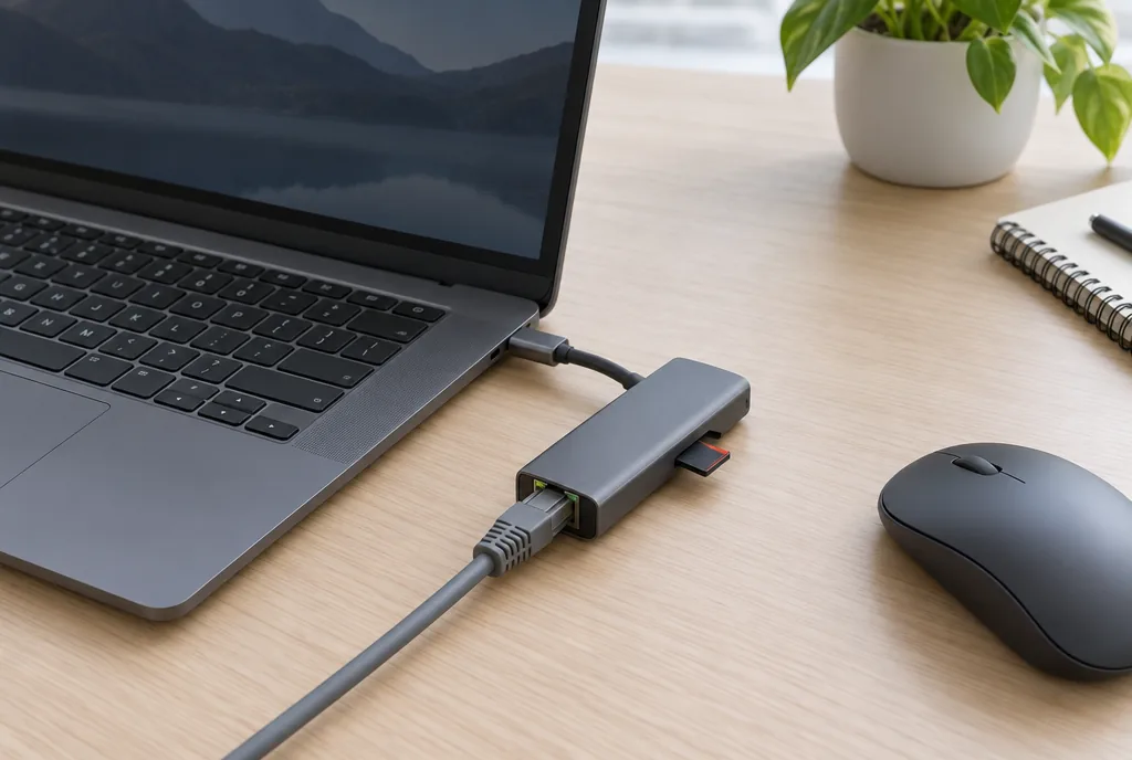 책상 위 노트북 옆면 USB-C 포트에 멀티 어댑터를 꽂고 그 어댑터에 유선랜 케이블과 메모리 카드를 연결한 AI 예시 이미지