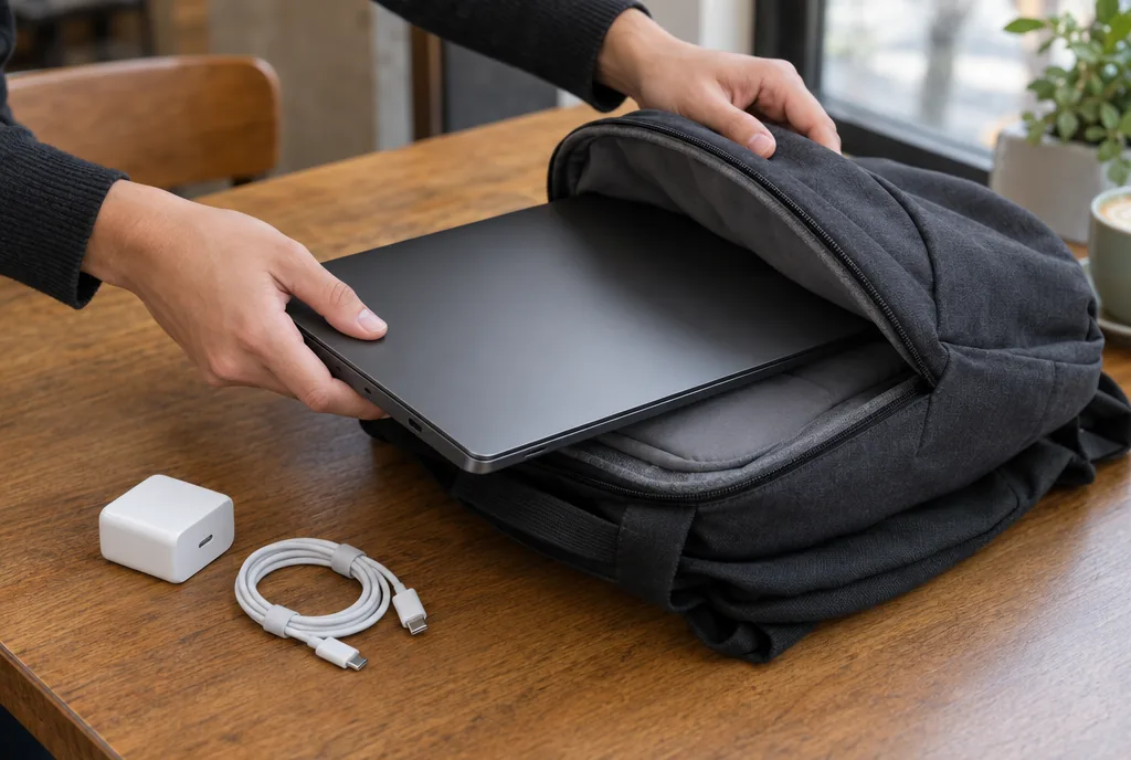 카페 탁자 위 배낭 수납칸에 얇은 회색 노트북을 넣는 손과 옆에 놓인 USB-C 충전기·케이블의 AI 예시 이미지