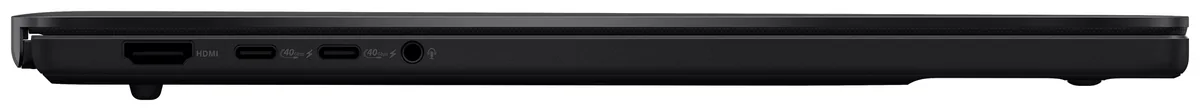 검은색 노트북 옆면에 HDMI, USB-C 두 개, 3.5mm 잭이 나란히 있는 에이수스 ProArt P16 공식 사진