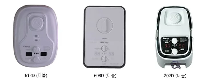 흰 배경에 모양이 다른 일월 온수매트 보일러 세 대를 나란히 놓고 각각 612D(더블), 608D(더블), 202D(더블)라고 적은 공식 이미지