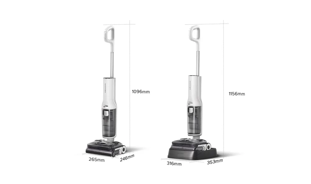 본체만 세운 265×246×1096mm와 도크에 세운 316×353×1156mm가 나란히 표시된 F25 Ultra 치수 그림